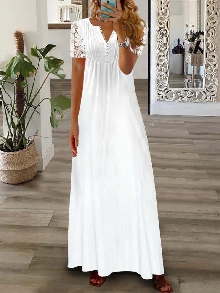 Lace Sleeve V-Neck Long Sleeve Pleated Maxi Dress 11
