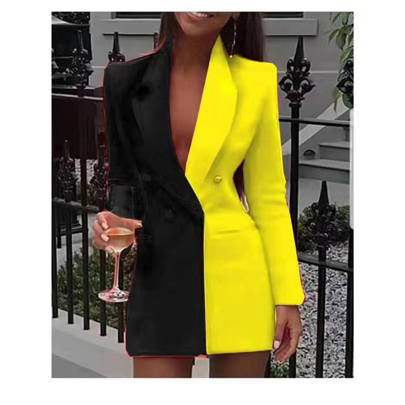 Gloria Exclusive Women's Blazer Dress with Asymmetric Color Design and Double Button Placket Elevated Occasion Wear