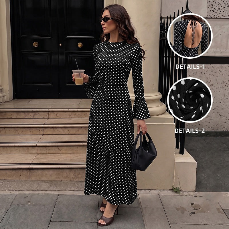 Autumn Winter Elegant Maxi Dress Polka Dot Flared Long Sleeve Backless Lace up Dress for Women