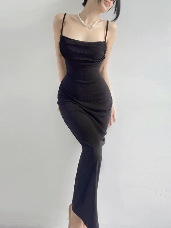Ribbed Knit Draped Neck Spaghetti Strap Backless Bodycon Maxi Dress 6
