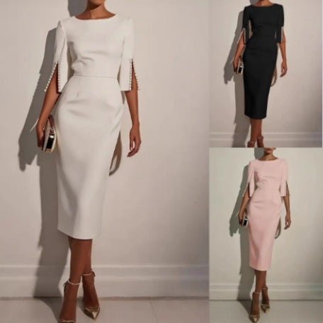 Boat Neck Split Sleeve Pearl Button Bodycon Midi Dress