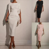 Boat Neck Split Sleeve Pearl Button Bodycon Midi Dress