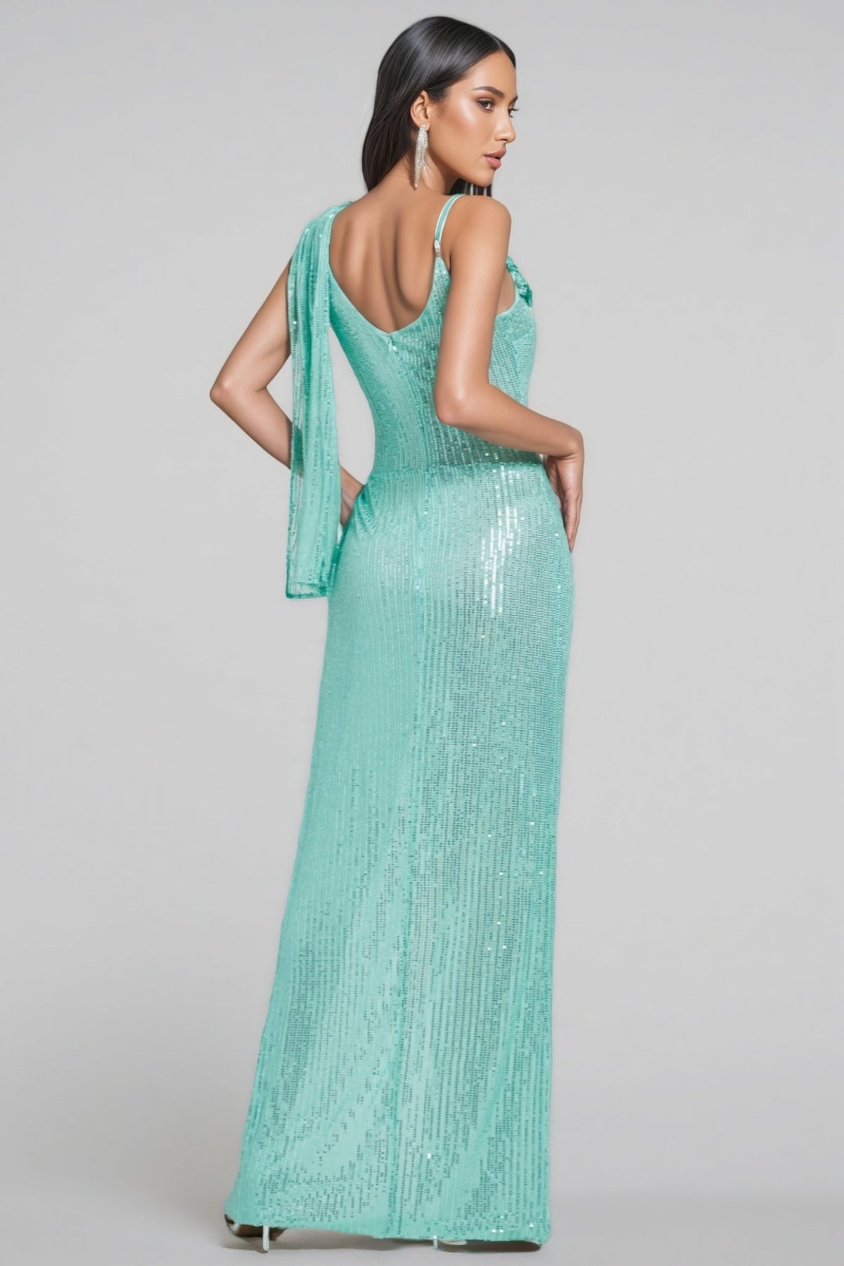 Sequin Cowl Neck Sleeveless Draped High Split Maxi Gown 5