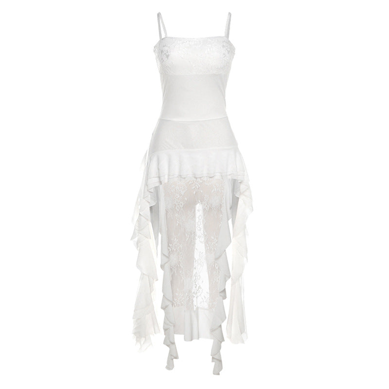 Spaghetti Strap Lace Trim Asymmetric Ruffle Hem Longline Cami Top 5