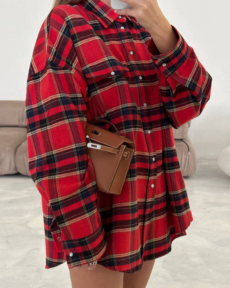 Notched Lapel Loose-Fit Plaid Long Sleeve Pocket Shirt