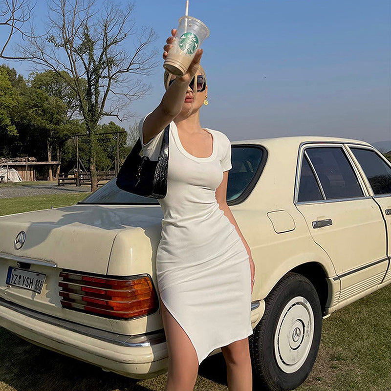 Women Clothing Round Neck Short Sleeve Regular Slimming Hip Split Hipster Dress Summer