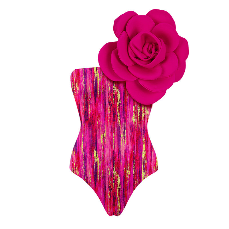 Rose Flame One-Shoulder Swimsuit Set - Rose Red