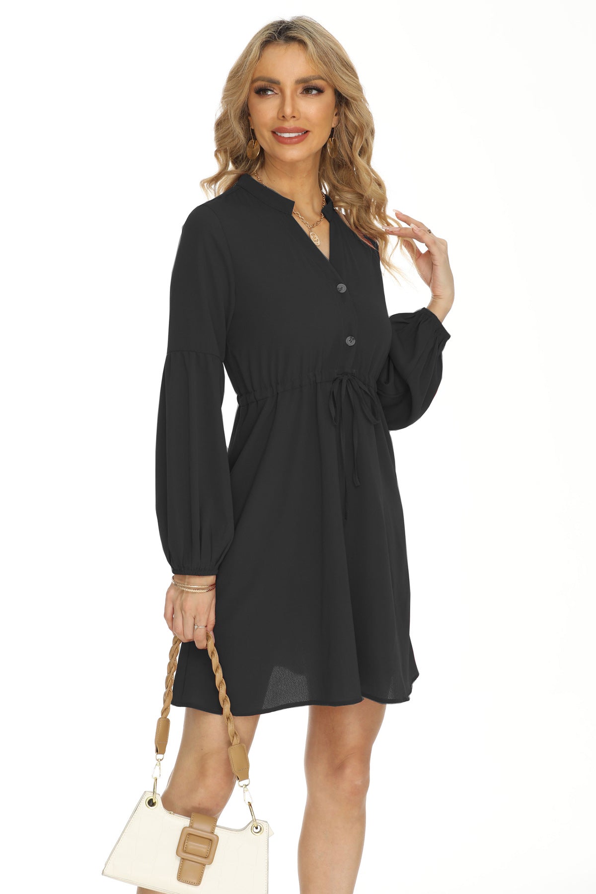 Women Clothing Short Drawstring Lantern Sleeve V neck Long Sleeve Dress