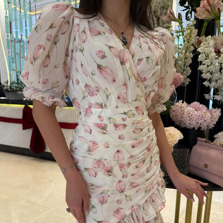 Printed Short Sleeved V neck Chiffon Dress Women Irregular Asymmetric Hem Pleated High Waist Hip Dress