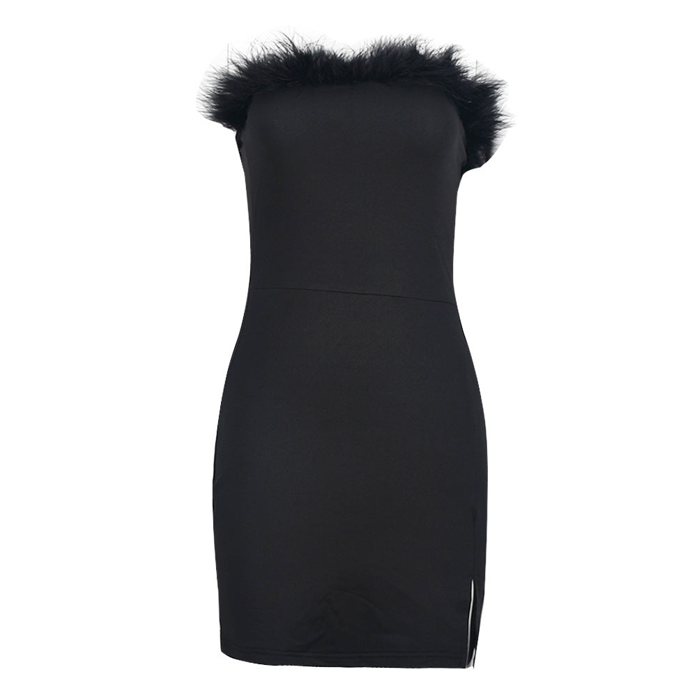 Feather Trim Strapless Front Slit Bodycon Mini Dress 5