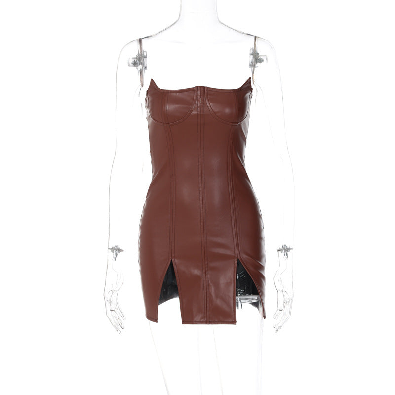 Faux Leather Strapless Corset Bustier Double Slit Bodycon Mini Dress 5