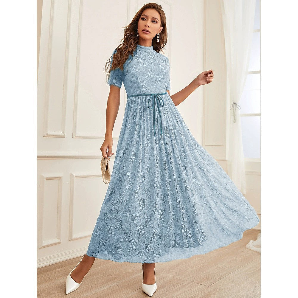 Round Neck Short Sleeve Mesh High Waist Elegant Graceful Dress