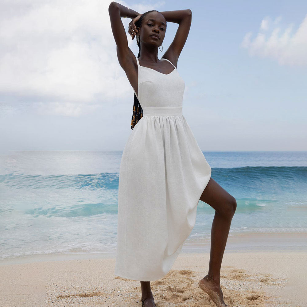 Linen Look Strapless Tie Detail Gathered Maxi Dress Summer 4