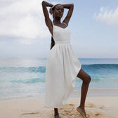 Linen Look Strapless Tie Detail Gathered Maxi Dress Summer 4
