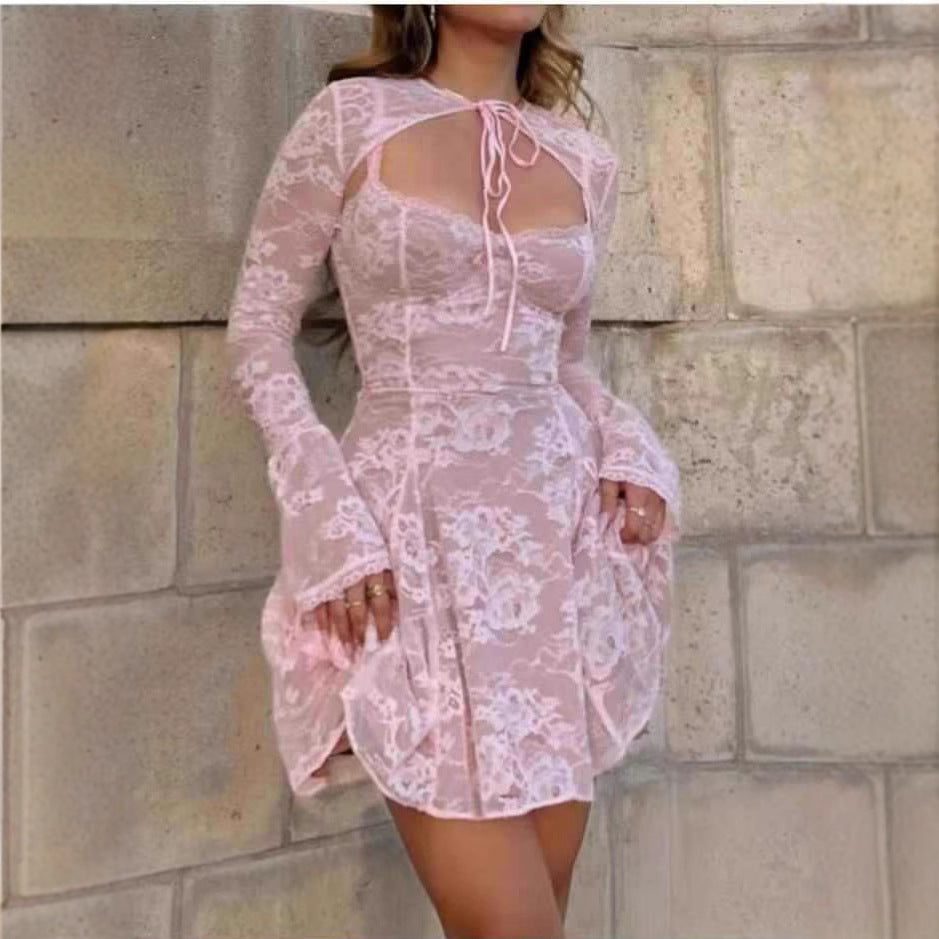 Pink Lace Long Sleeve See through Two Piece Sets Dress Summer Birthday Party Dress