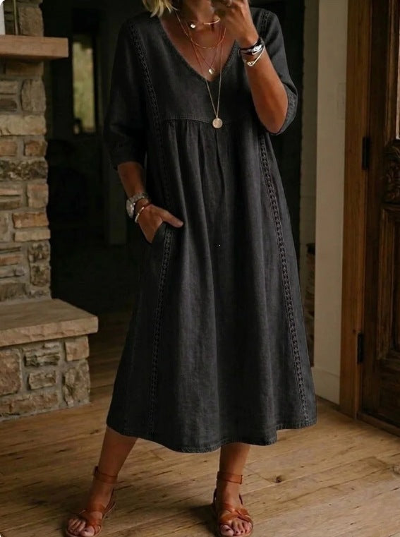 V-Neck Lace Trim Linen Pocket Midi Dress 10