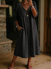 V-Neck Lace Trim Linen Pocket Midi Dress 10