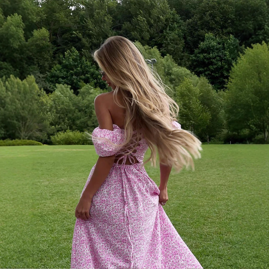 Floral Off Shoulder Puff Sleeve High Split Maxi Dress 2