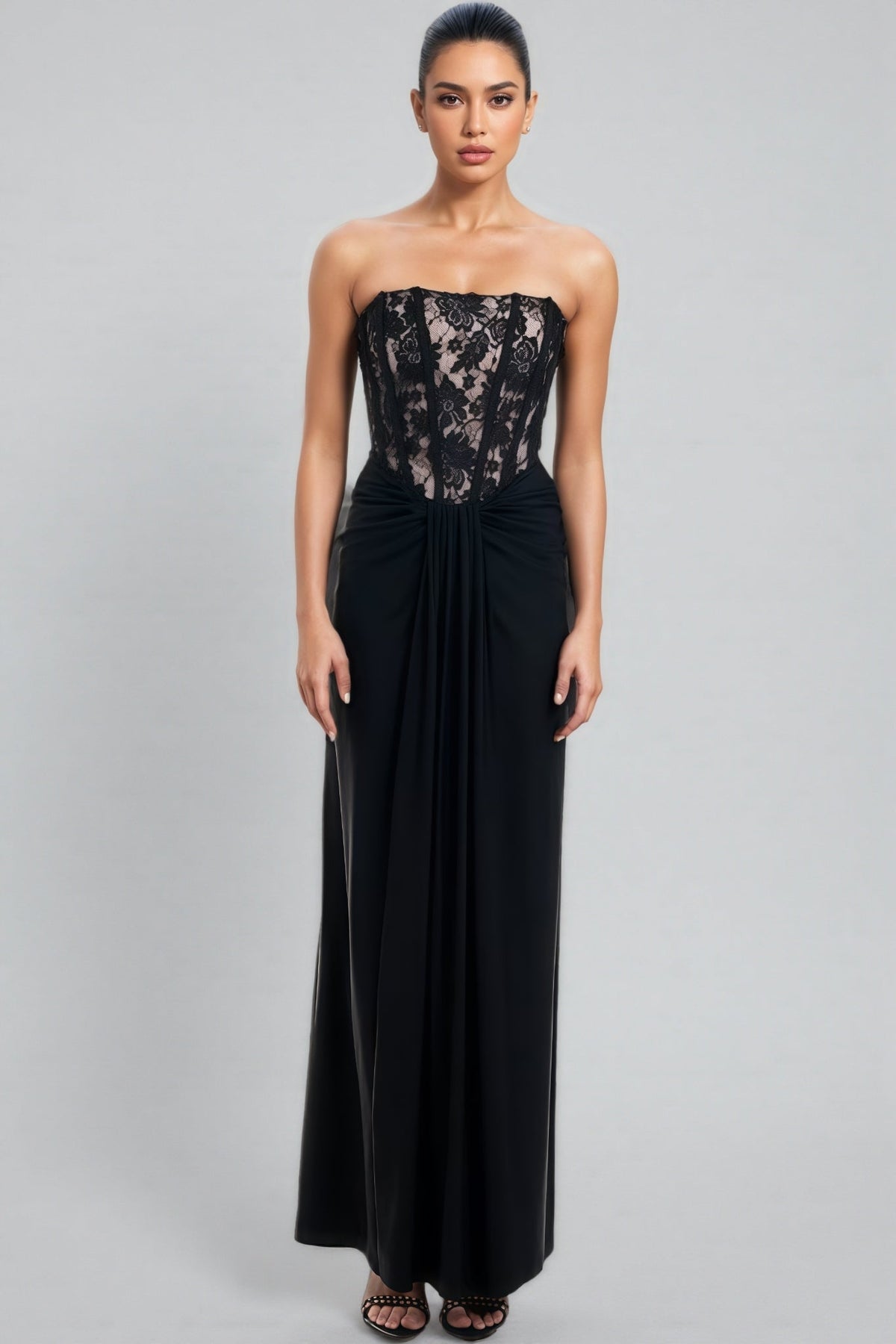 Strapless Lace Corset Bodice Knot Front Draped Maxi Dress