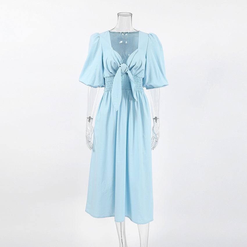 Sweetheart Puff Sleeve Tie Front Smocked Midi Dress Summer 5