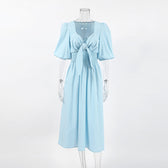 Sweetheart Puff Sleeve Tie Front Smocked Midi Dress Summer 5