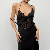Satin Lace Deep V-Neck Backless Slip Maxi Dress