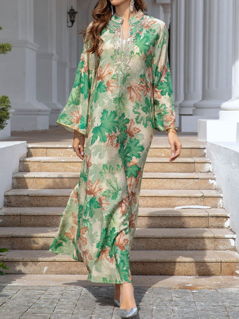 Maple Leaf Print Maxi Dress Robe Green