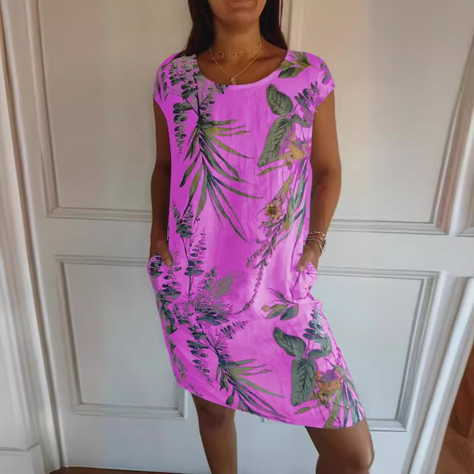 Botanical Leaf Print Round Neck Cap Sleeve Shift Dress with Pockets 3