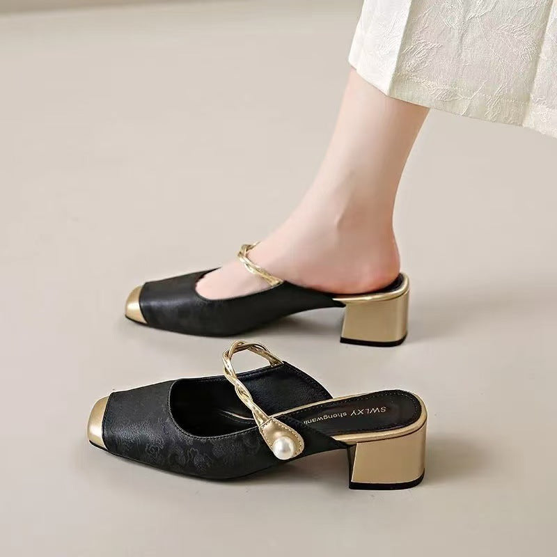 Square Toe Pearl Strap Block Heel Mules