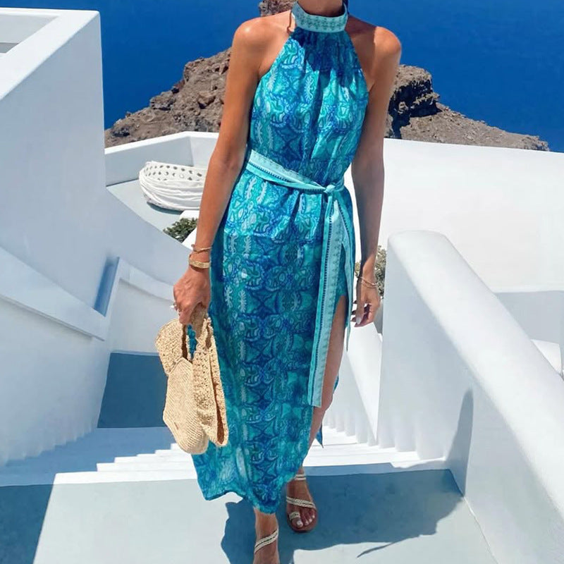 Women Clothing Printed Sleeveless Cold Shoulder Sexy Long Vacation Dress