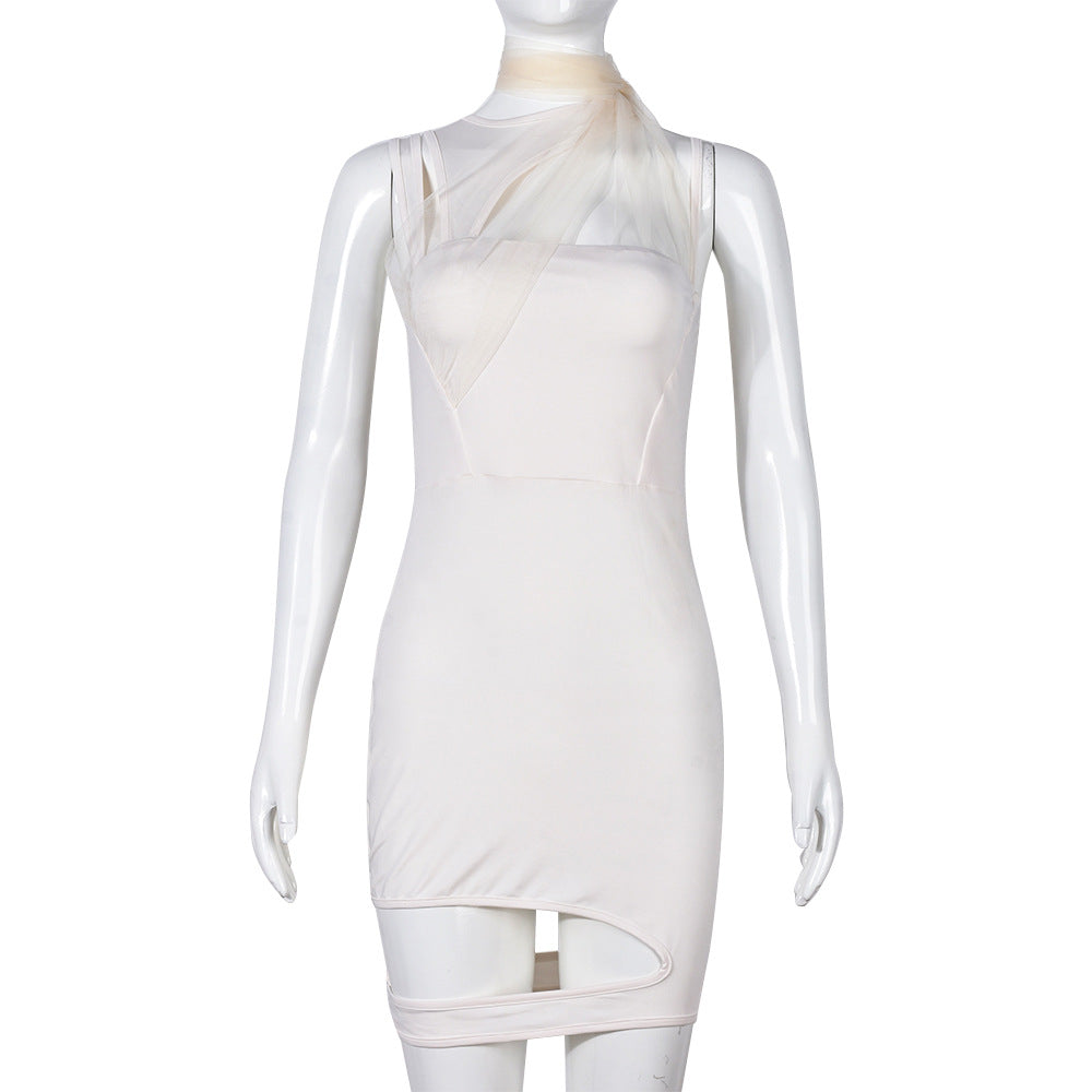 Sheer Mesh Draped Choker Neck Cut Out Asymmetric Hem Bodycon Mini Dress 2