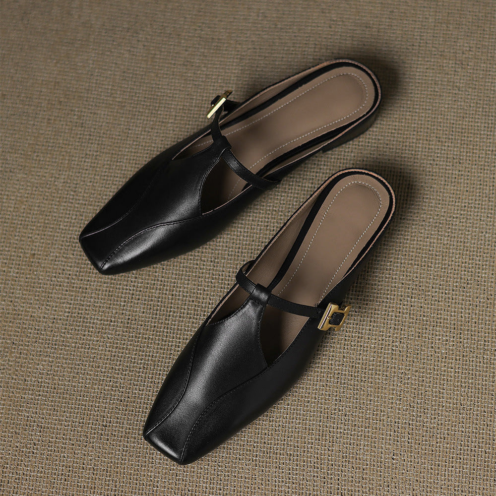 Square Toe Buckle Strap Low Block Heel Mules