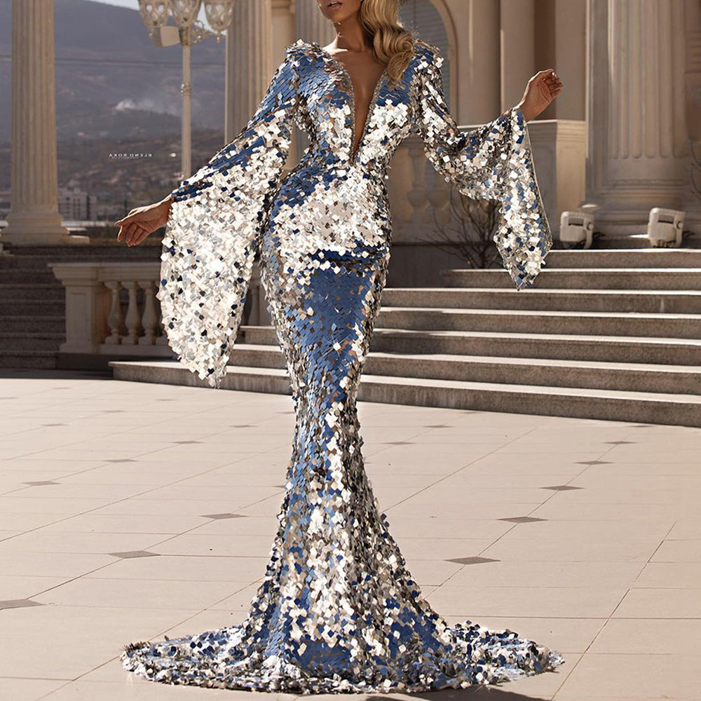 Women Clothing Dress Sexy Sequined Silver Cocktail Dress Hip Wrapped Evening Dress