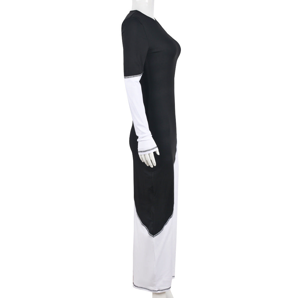 Two Tone Asymmetric Single Long Sleeve Crew Neck Bodycon Maxi Dress 3