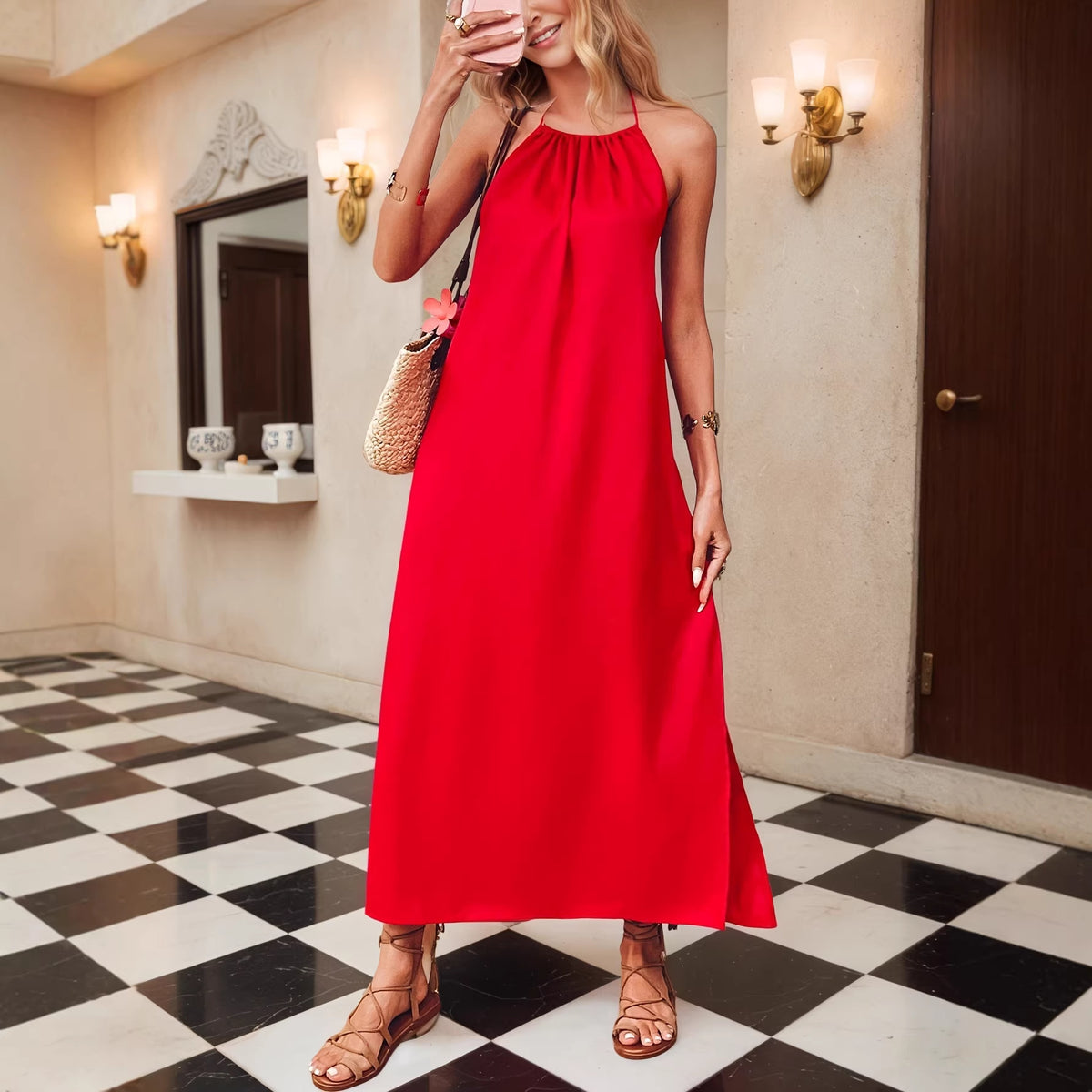 Satin Halter Neck Sleeveless Gathered A-Line Maxi Dress