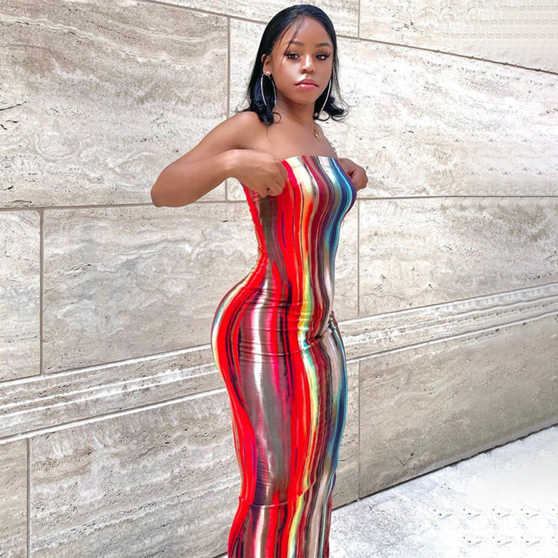 Vertical Stripe Print Strapless Tube Bodycon Maxi Dress