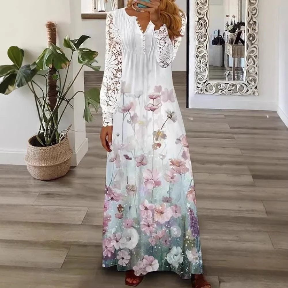 Lace Sleeve V-Neck Long Sleeve Pleated Maxi Dress 3