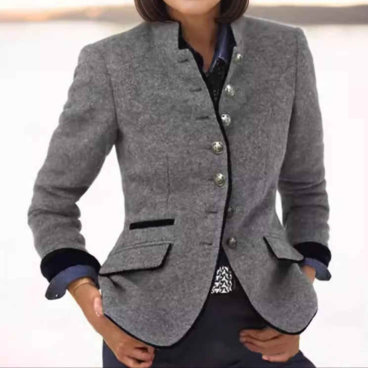 Stand Collar Contrast Trim Button Front Blazer