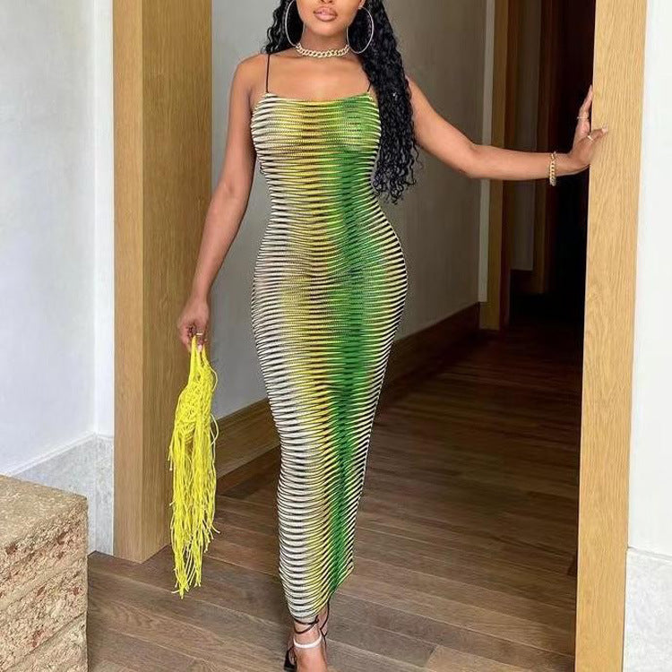 Gradient Striped Sheer Knit Spaghetti Strap Bodycon Maxi Dress 2