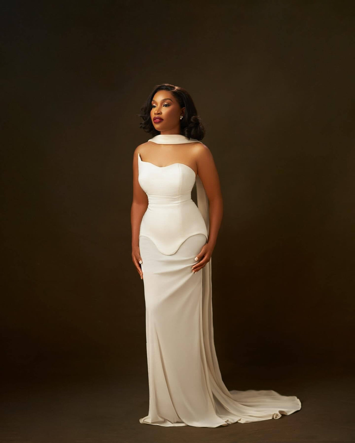 Strapless Scalloped Peplum Scarf Neck Mermaid Train Maxi Gown 4