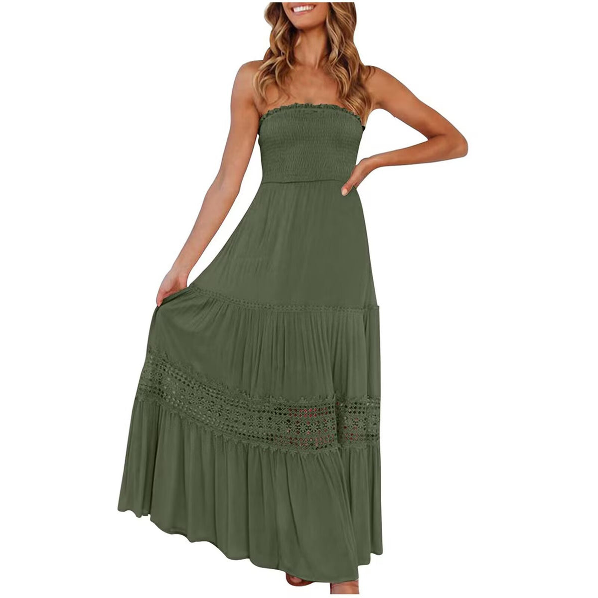 Strapless Smocked Bodice Crochet Lace Insert Tiered Boho Maxi Dress 4