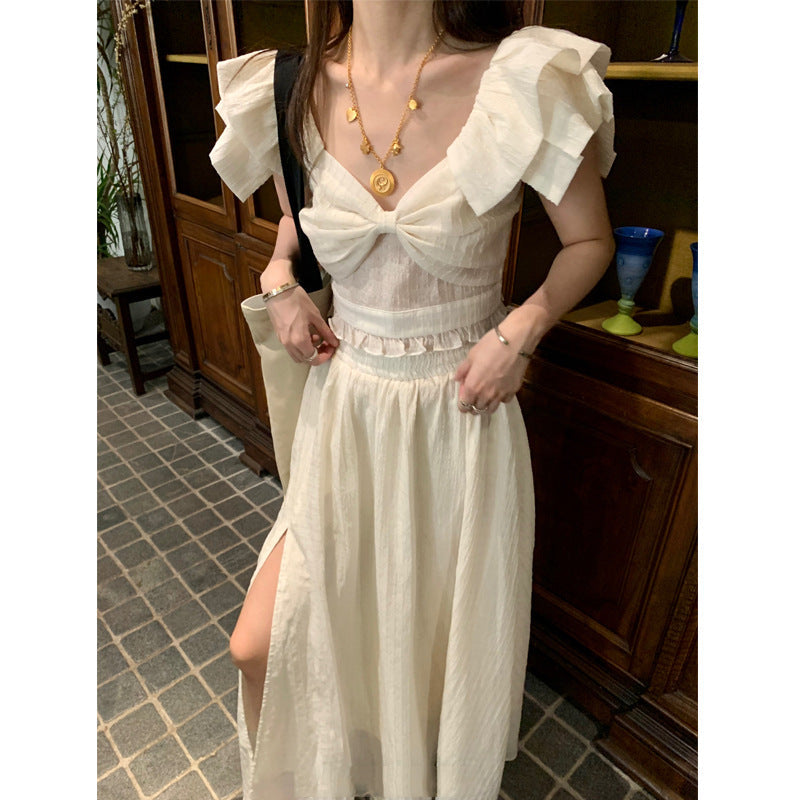 French Retro Twopiece Dress With Bow L / White White Slit Maxi Dress