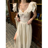 French Retro Twopiece Dress With Bow L / White White Slit Maxi Dress