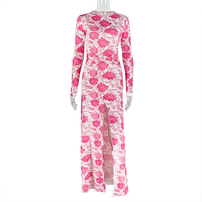 Floral Print Mesh Round Neck Long Sleeve High Split Bodycon Maxi Dress 2