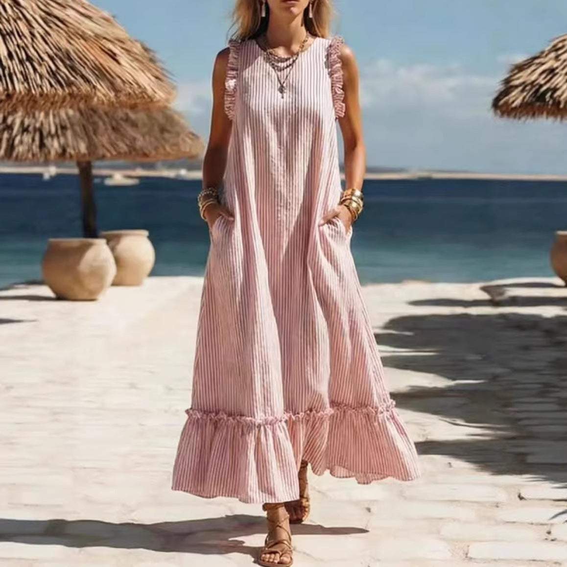 Striped Sleeveless Ruffle Hem Maxi Dress 2