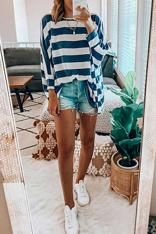 Stripe O Neck Bat Blouse