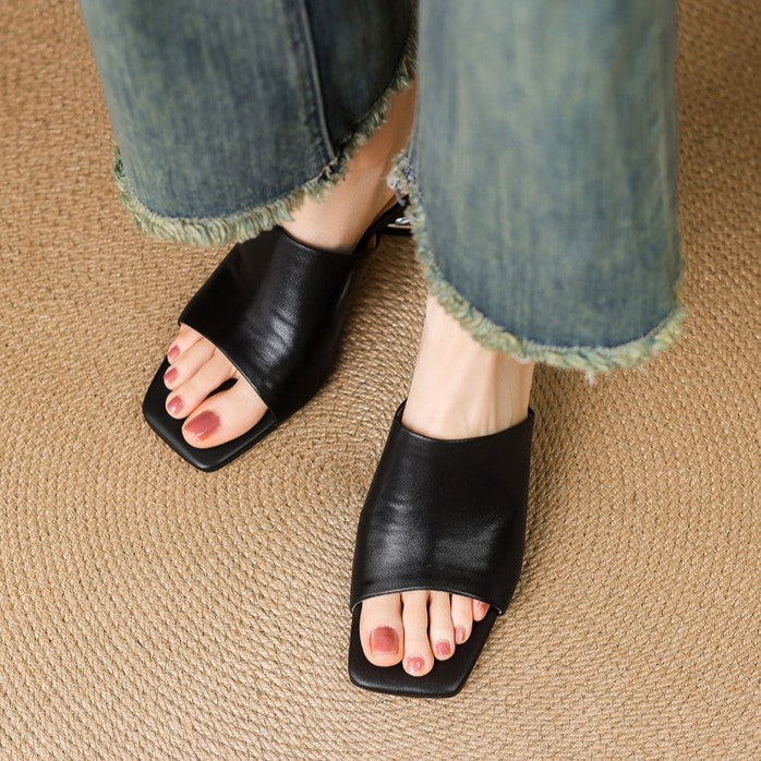 Square Open Toe Sculpted Heel Mules