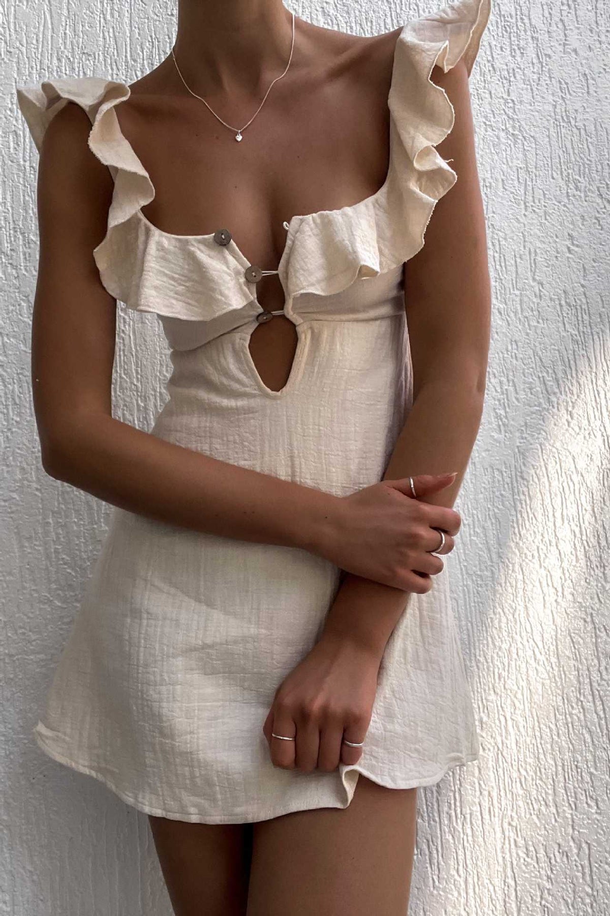 Ruffle Strap Keyhole Button Front Textured A-Line Mini Dress 5