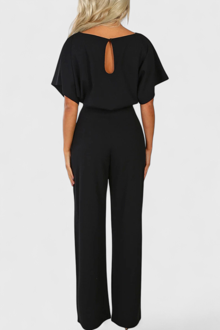 Boat Neck Batwing Sleeve Belted Wide Leg Jumpsuit