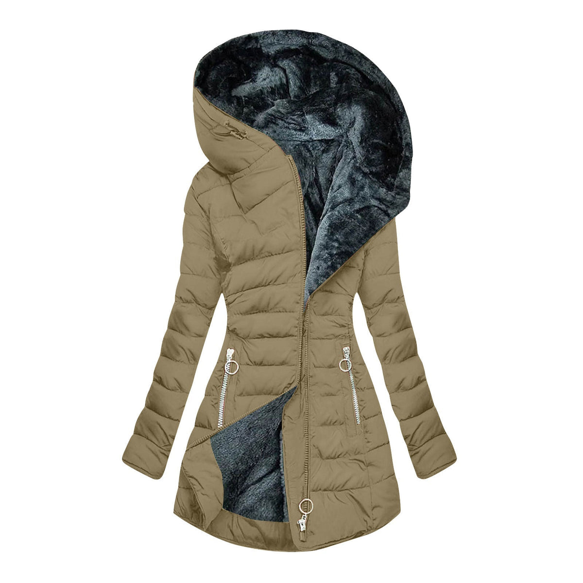 Hooded Fleece Lined Zip Front Quilted Puffer Coat 10